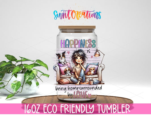 Happiness Is Being Home design on a 16 oz clear glass tumbler with bamboo lid