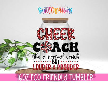 Cheer Coach design on a 16 oz clear glass tumbler with bamboo lid