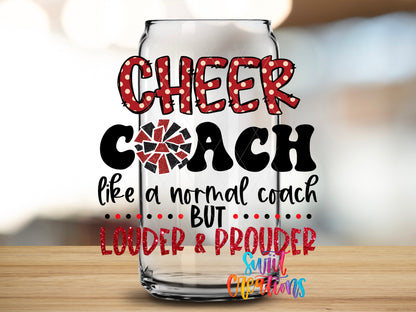 Cheer Coach design close-up on a clear glass can tumbler