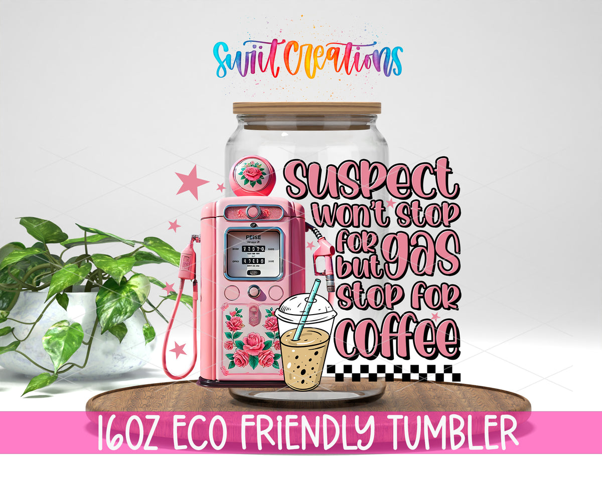 Suspect Stops for Coffee design on a 16 oz clear glass tumbler with bamboo lid
