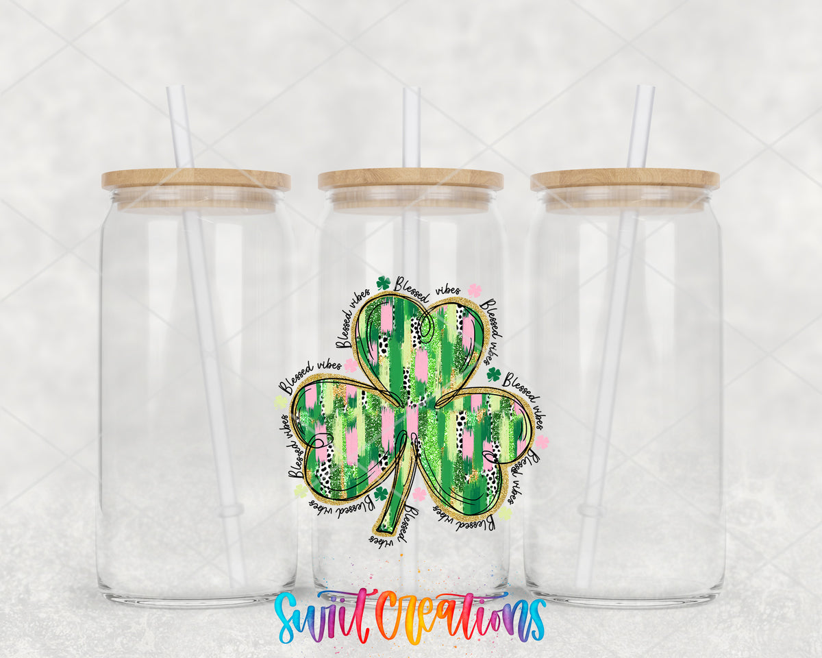 Irish Blessing Clover clear glass tumbler group mockup with bamboo lids and straws