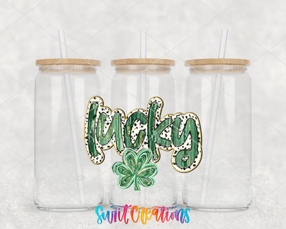 Lucky Shamrock clear glass tumbler group mockup with bamboo lids and straws