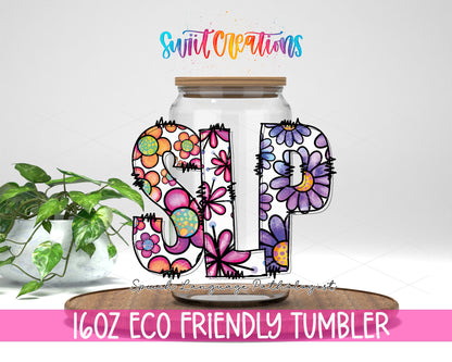 Speech Language Pathologist design on a 16 oz clear glass tumbler with bamboo lid
