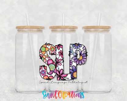 Speech Language Pathologist clear glass tumbler group mockup with bamboo lids and straws