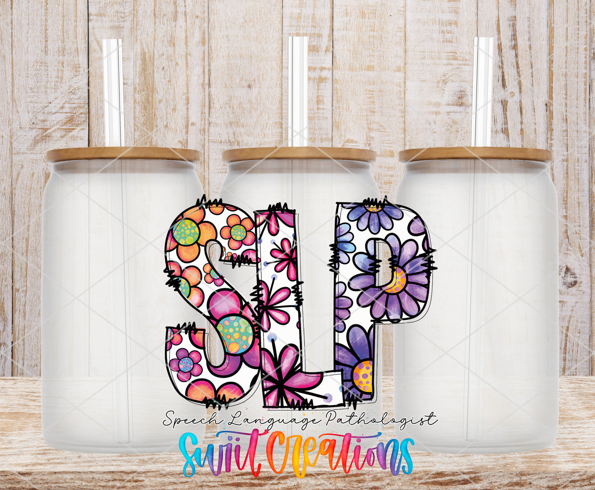 Speech Language Pathologist frosted glass tumbler mockup with bamboo lids and straws