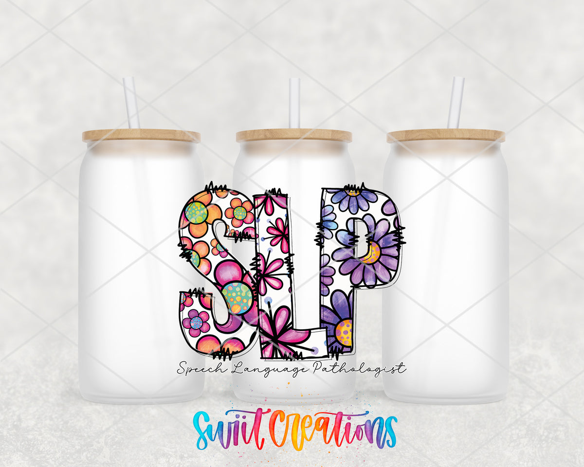 Speech Language Pathologist frosted glass tumbler group view with lids and straws