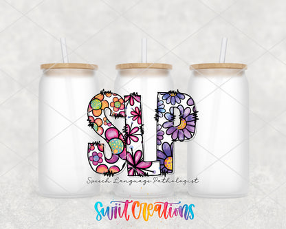 Speech Language Pathologist frosted glass tumbler group view with lids and straws