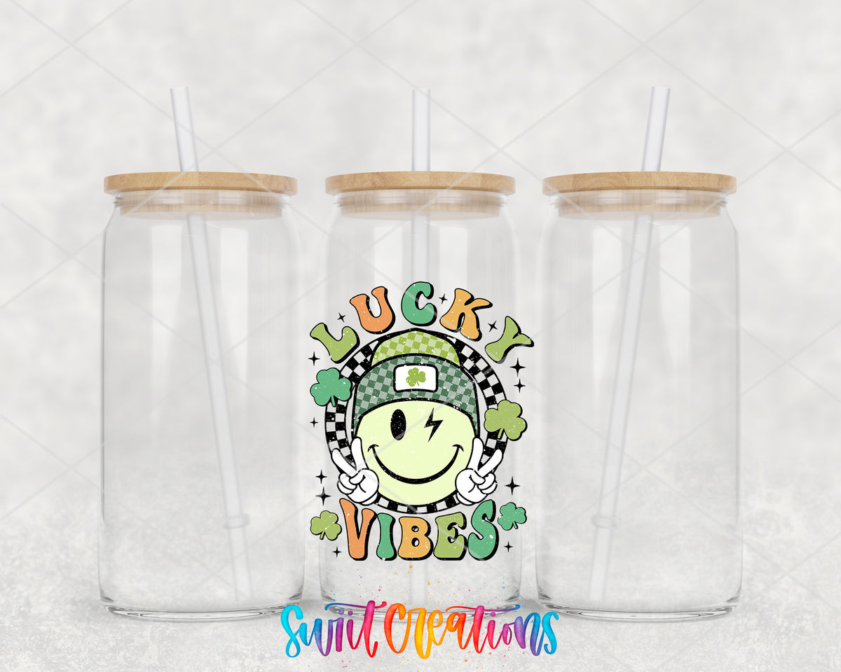 Lucky Vibes clear glass tumbler group mockup with bamboo lids and straws