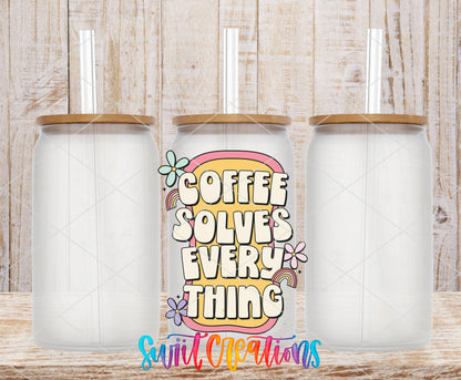 Coffee Solves Everything frosted glass tumbler mockup with bamboo lids and straws