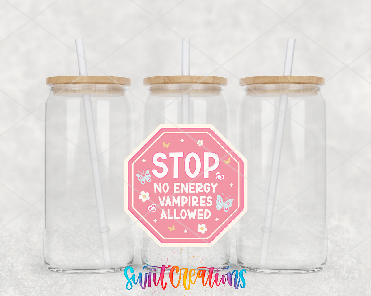 No Energy Vampires Allowed clear glass tumbler group mockup with bamboo lids and straws