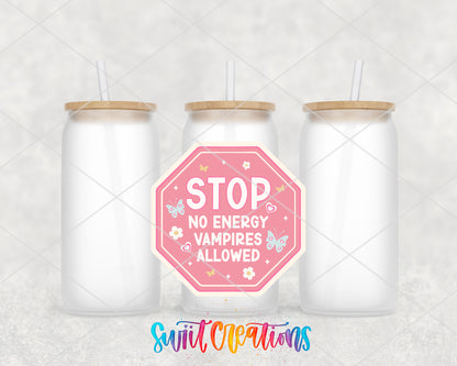 No Energy Vampires Allowed frosted glass tumbler group view with lids and straws