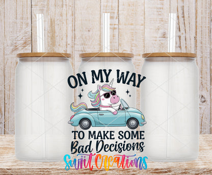 On My Way to Make Bad Decisions frosted glass tumbler mockup with bamboo lids and straws