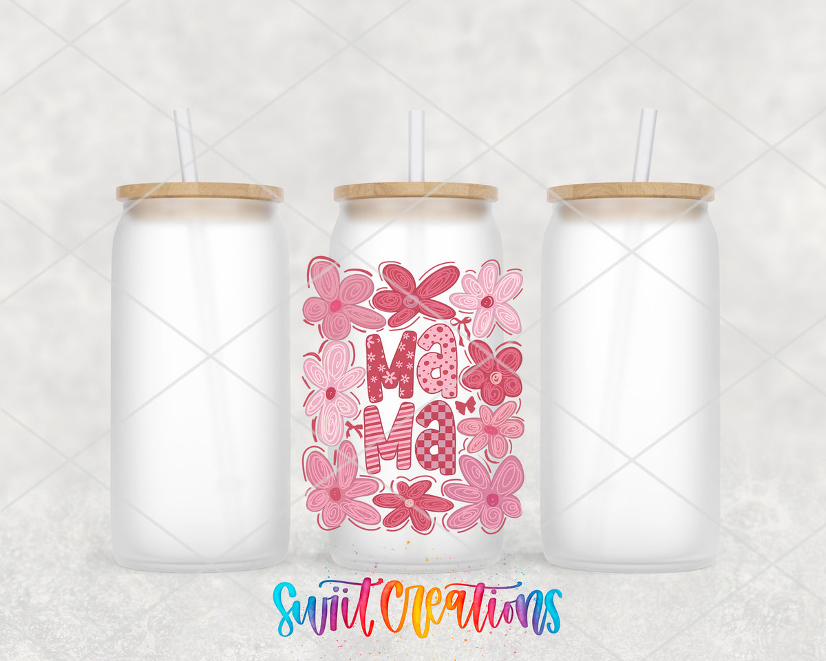 Floral Mama Coquette frosted glass tumbler group view with lids and straws
