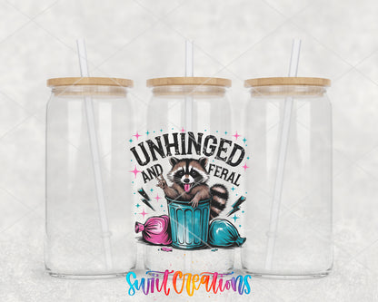Unhinged and Feral Raccoon clear glass tumbler group mockup with bamboo lids and straws