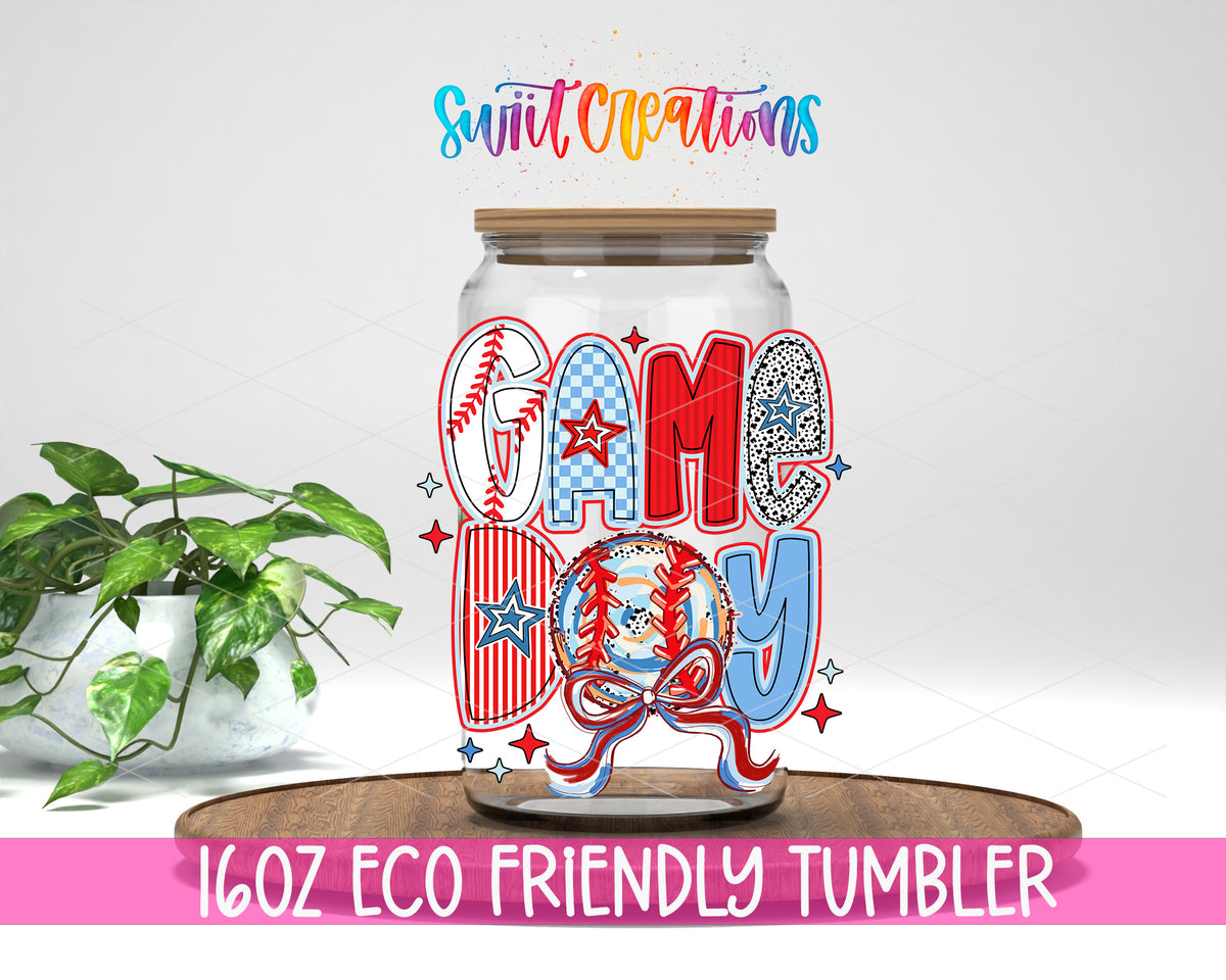 Game Day Baseball design on a 16 oz clear glass tumbler with bamboo lid