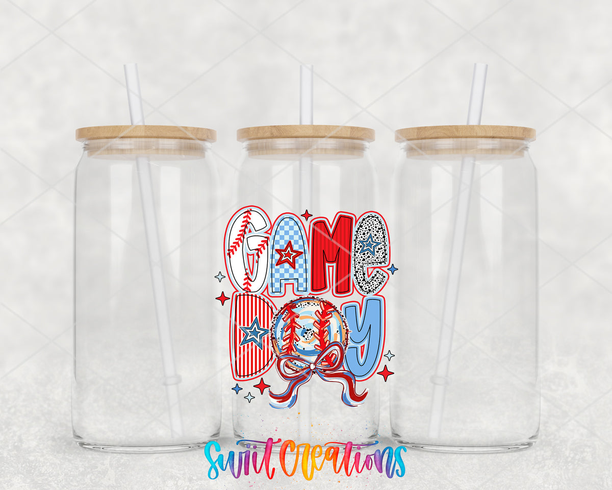 Game Day Baseball clear glass tumbler group mockup with bamboo lids and straws