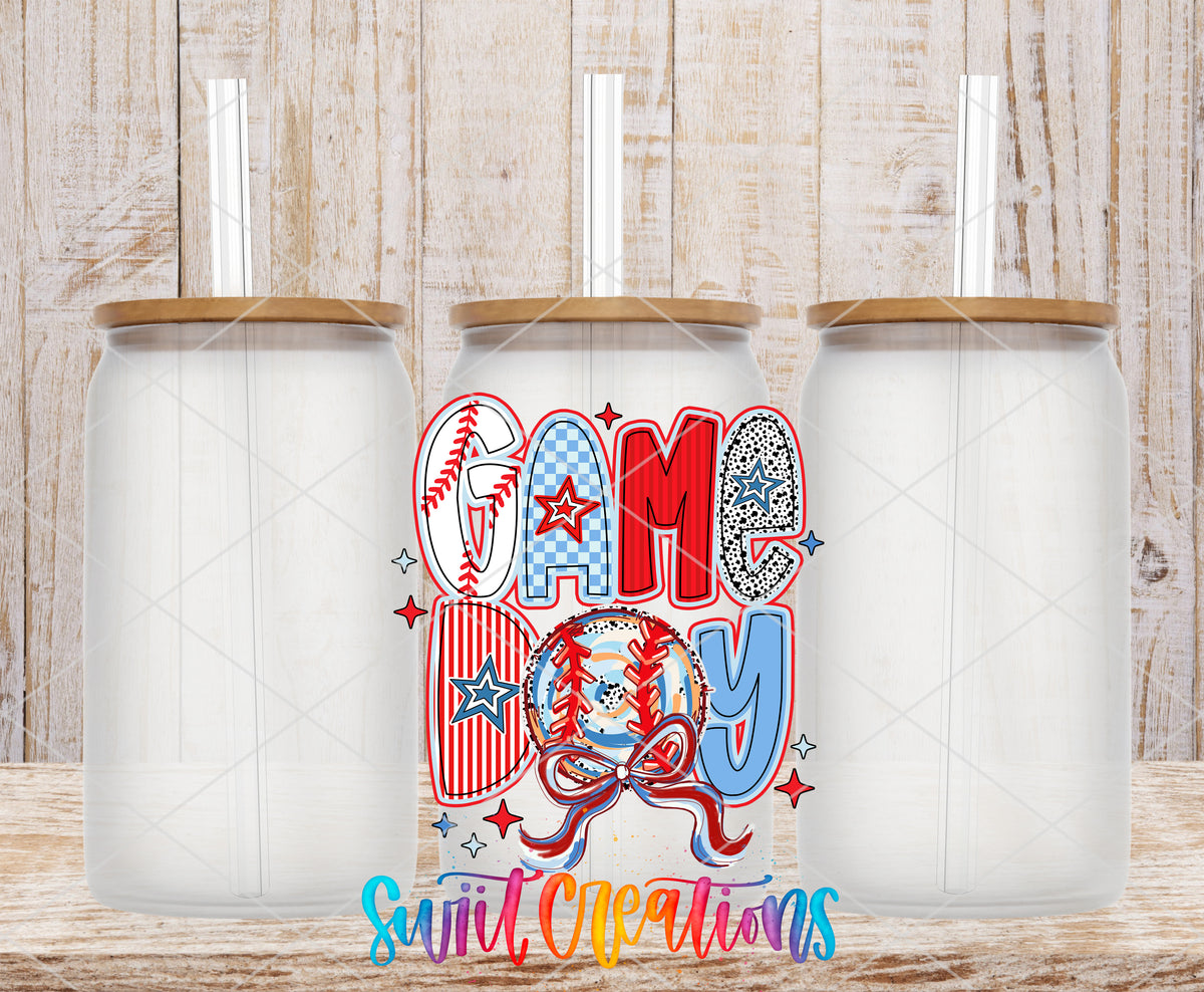 Game Day Baseball frosted glass tumbler mockup with bamboo lids and straws