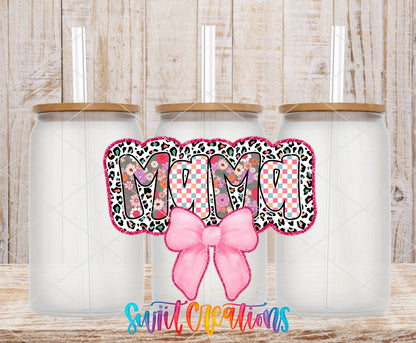 Mama Coquette frosted glass tumbler mockup with bamboo lids and straws