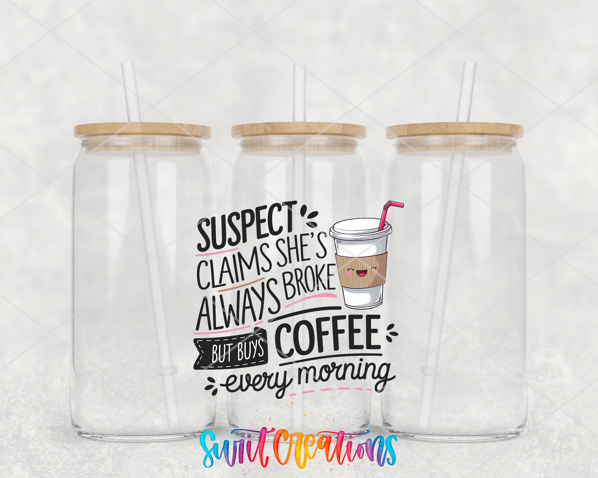 Suspect Is Always Broke clear glass tumbler group mockup with bamboo lids and straws