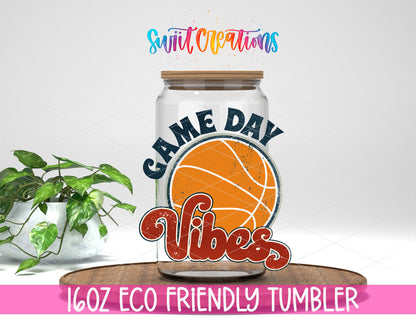Basketball Game Day Vibes design on a 16 oz clear glass tumbler with bamboo lid
