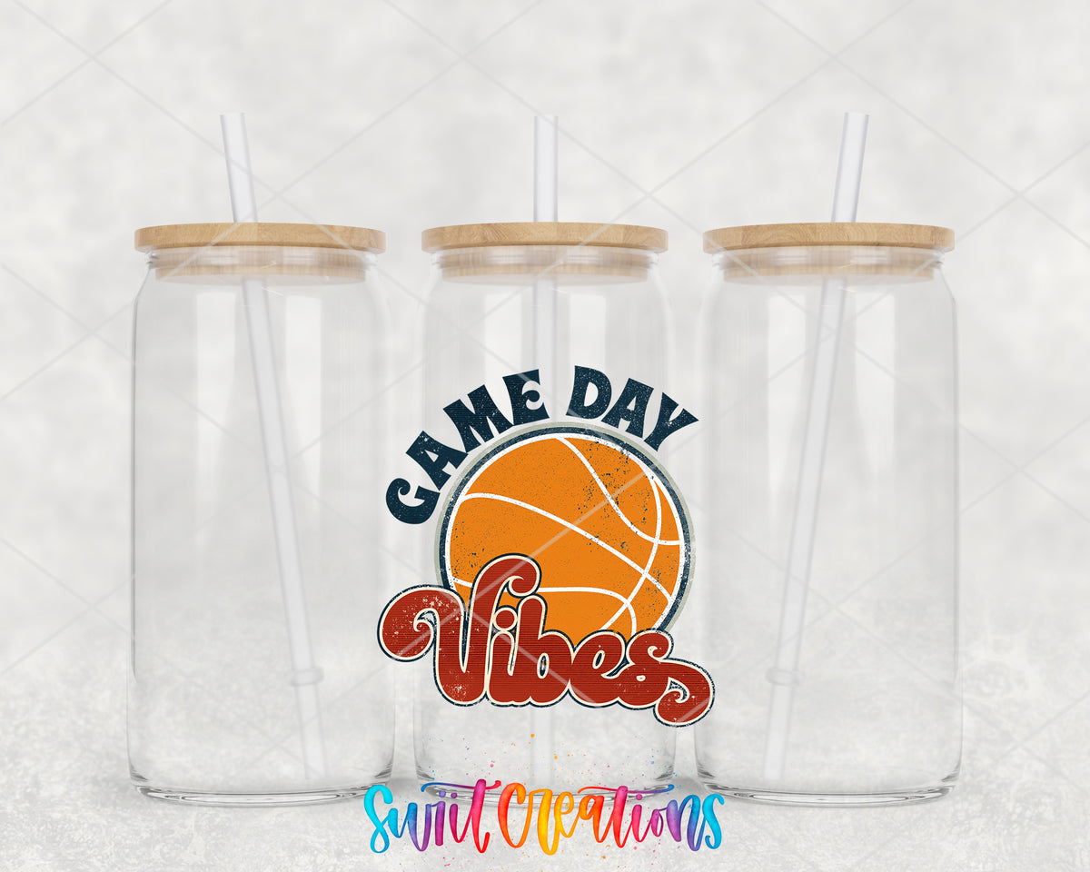 Basketball Game Day Vibes clear glass tumbler group mockup with bamboo lids and straws