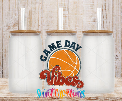 Basketball Game Day Vibes frosted glass tumbler mockup with bamboo lids and straws