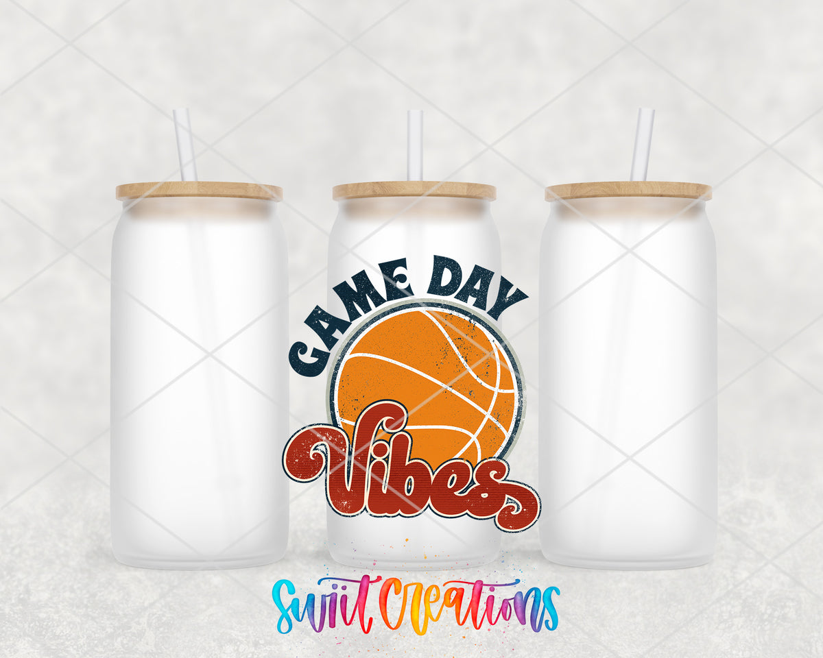 Basketball Game Day Vibes frosted glass tumbler group view with lids and straws
