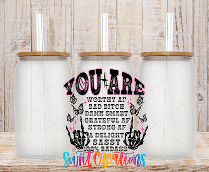 You Are a Badass Affirmation frosted glass tumbler mockup with bamboo lids and straws
