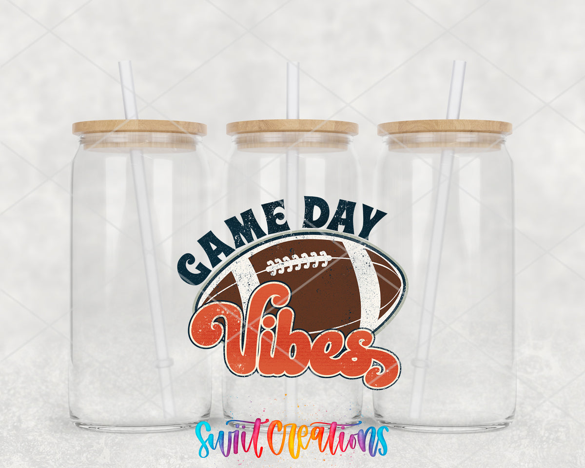 Football Game Day Vibes clear glass tumbler group mockup with bamboo lids and straws