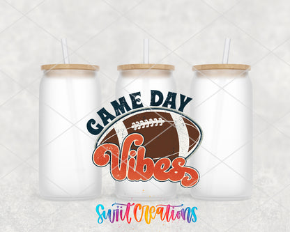 Football Game Day Vibes frosted glass tumbler group view with lids and straws