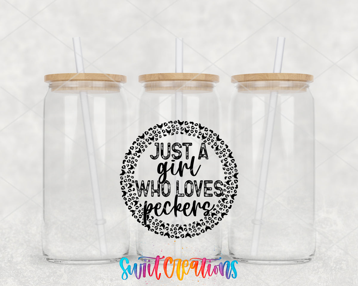 Just a Girl Who Loves Peckers clear glass tumbler group mockup with bamboo lids and straws