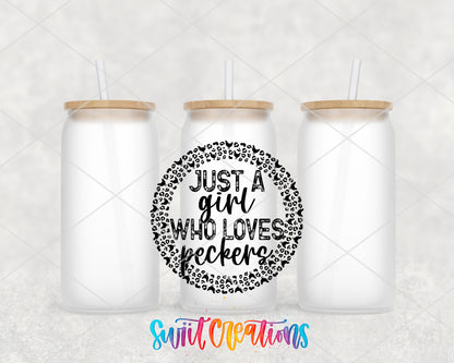 Just a Girl Who Loves Peckers frosted glass tumbler group view with lids and straws