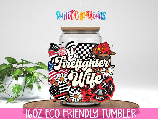 Firefighter Wife design on a 16 oz clear glass tumbler with bamboo lid