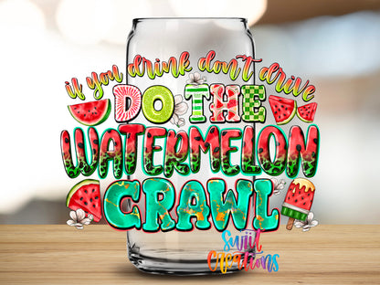 Watermelon Crawl design close-up on a clear glass can tumbler