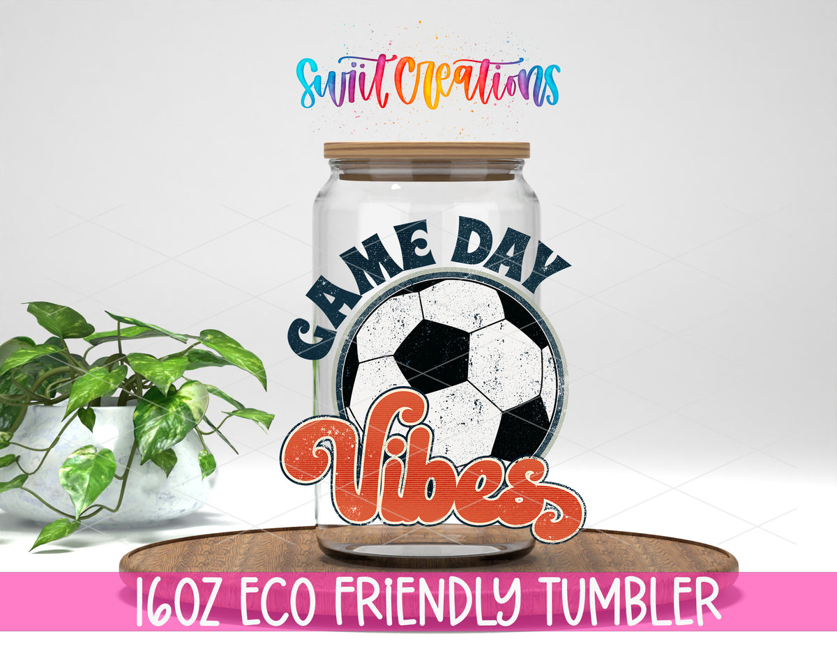 Soccer Game Day Vibes design on a 16 oz clear glass tumbler with bamboo lid