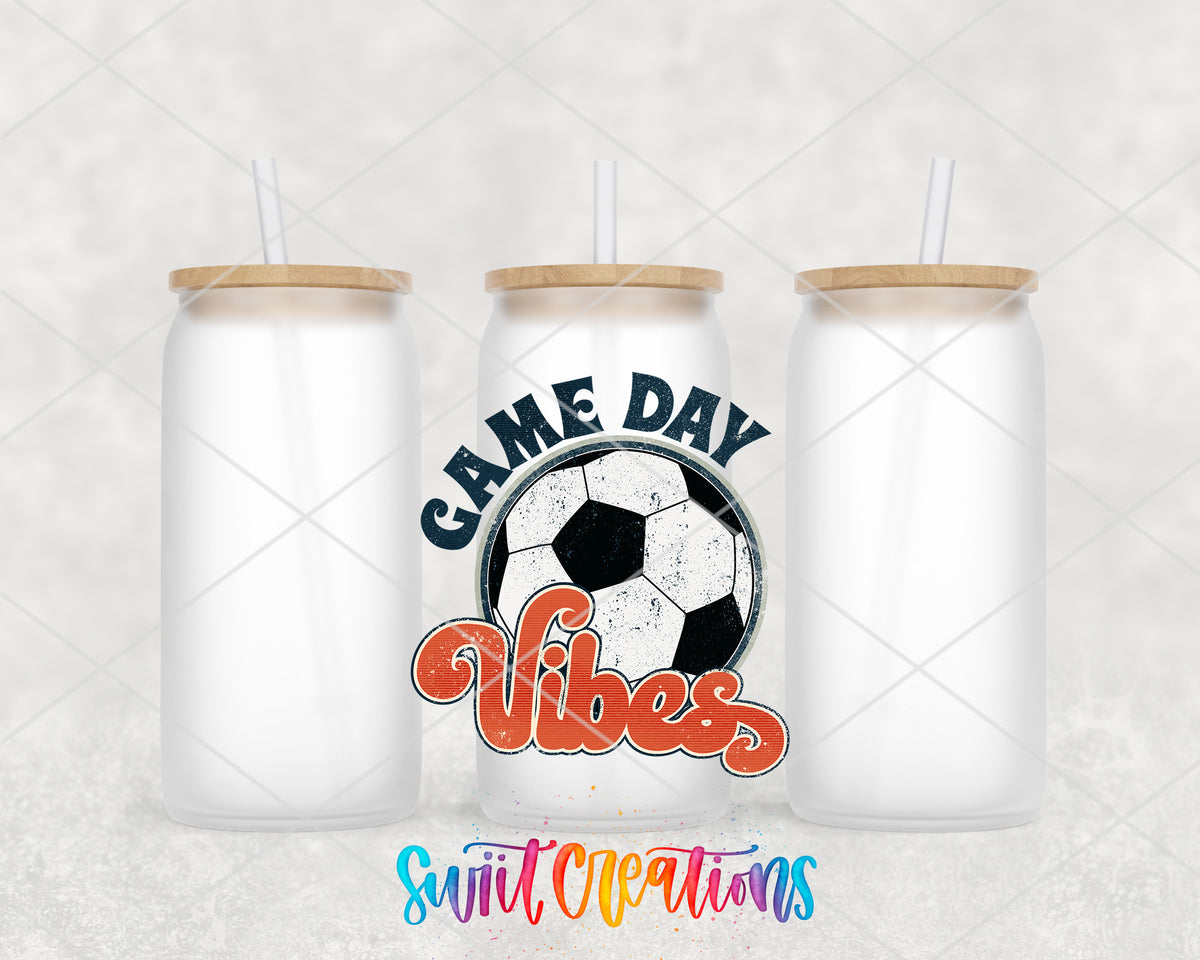 Soccer Game Day Vibes frosted glass tumbler group view with lids and straws