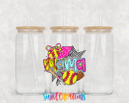 Softball Mama Coquette clear glass tumbler group mockup with bamboo lids and straws