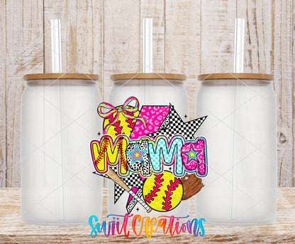 Softball Mama Coquette frosted glass tumbler mockup with bamboo lids and straws