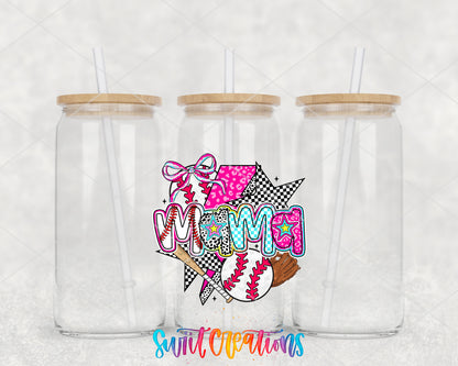 Baseball Mama Coquette clear glass tumbler group mockup with bamboo lids and straws
