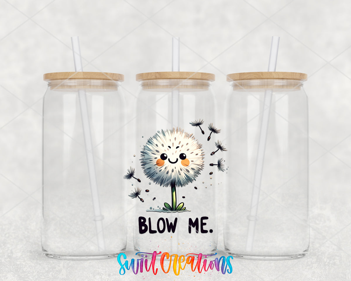 Blow Me Dandelion clear glass tumbler group mockup with bamboo lids and straws