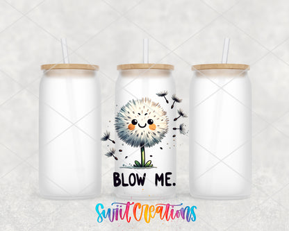 Blow Me Dandelion frosted glass tumbler group view with lids and straws