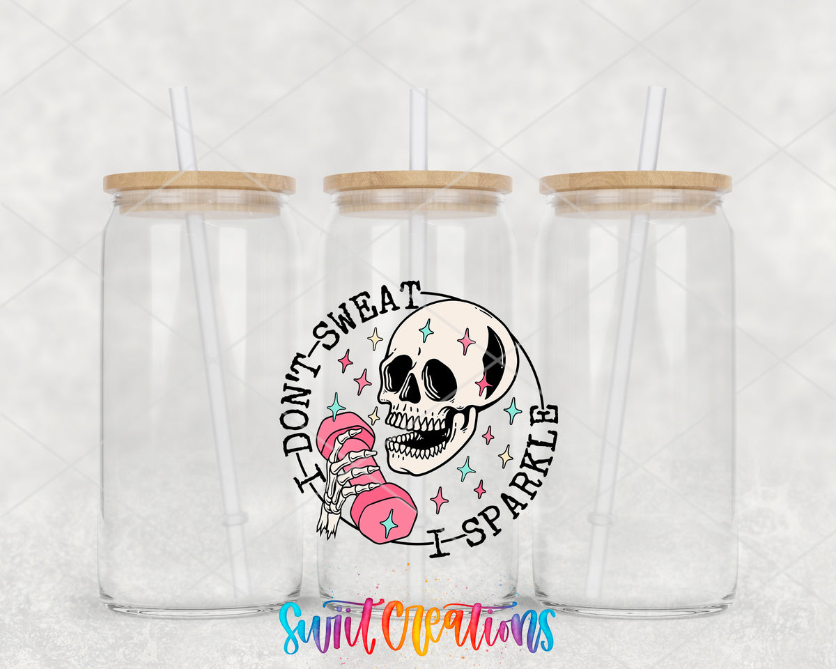 I Don't Sweat I Sparkle clear glass tumbler group mockup with bamboo lids and straws