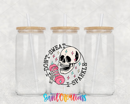 I Don't Sweat I Sparkle clear glass tumbler group mockup with bamboo lids and straws