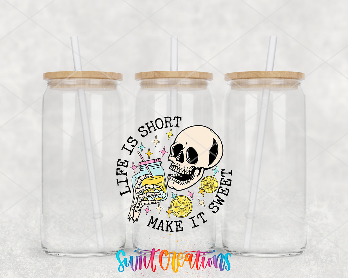 Life Is Short Make It Sweet clear glass tumbler group mockup with bamboo lids and straws