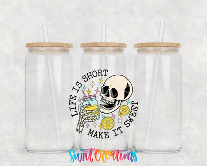 Life Is Short Make It Sweet clear glass tumbler group mockup with bamboo lids and straws