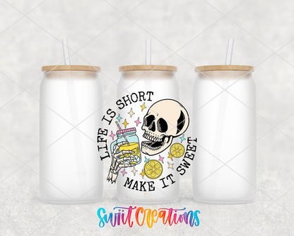 Life Is Short Make It Sweet frosted glass tumbler group view with lids and straws