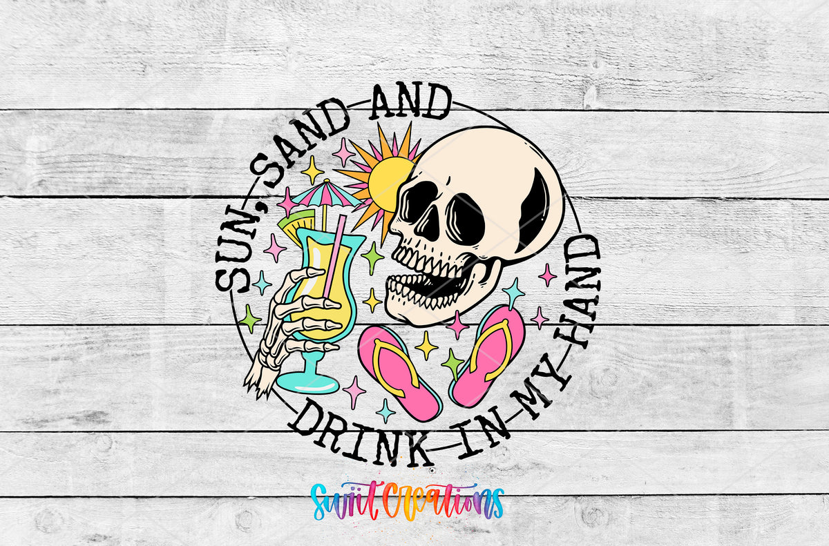 Sun Sand and Drink in My Hand artwork detail for the finished 16 oz tumbler