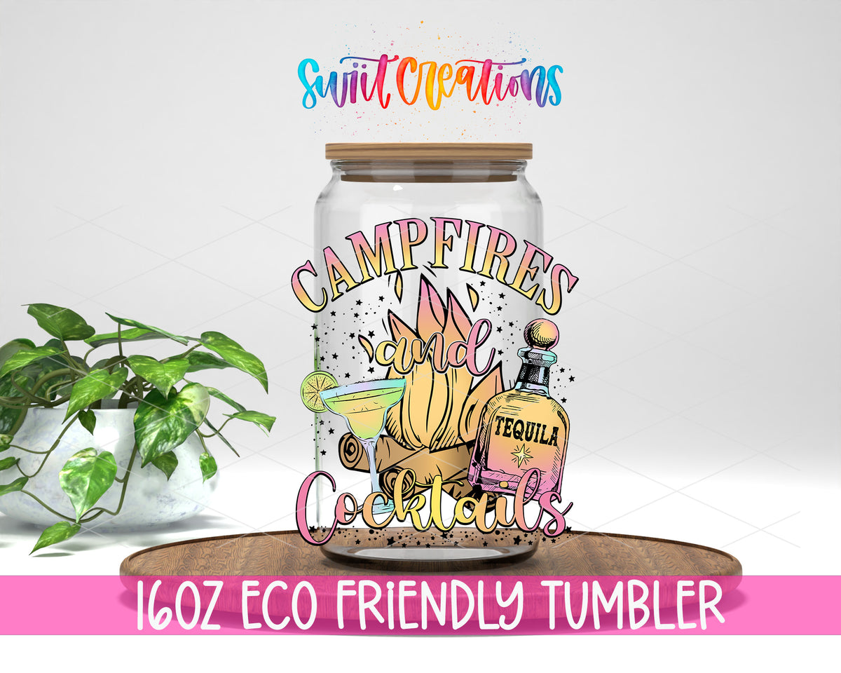 Campfires and Cocktails design on a 16 oz clear glass tumbler with bamboo lid