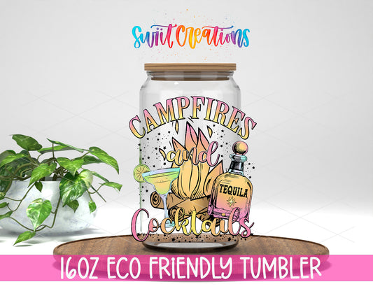 Campfires and Cocktails design on a 16 oz clear glass tumbler with bamboo lid