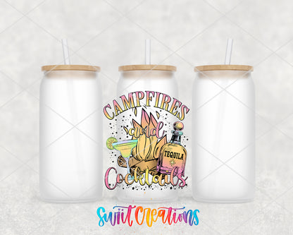 Campfires and Cocktails frosted glass tumbler group view with lids and straws